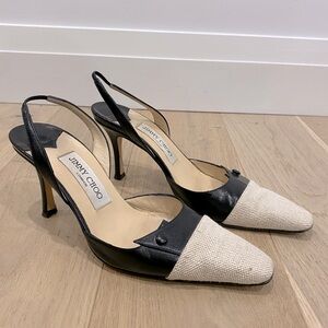 Jimmy Choo Black Leather and Cream Cloth Slingback Heels | Size 37